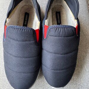 Lands End Men's Puffer Faux Fur Slip On Slipper House Shoes Navy Blue Size 10D